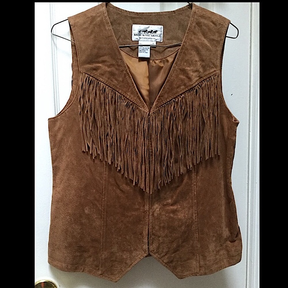 Vntg Suede Leather Fringed Vest, Festival Hippie BOHO Cowgirl, Chestnut Tan S - Picture 8 of 8